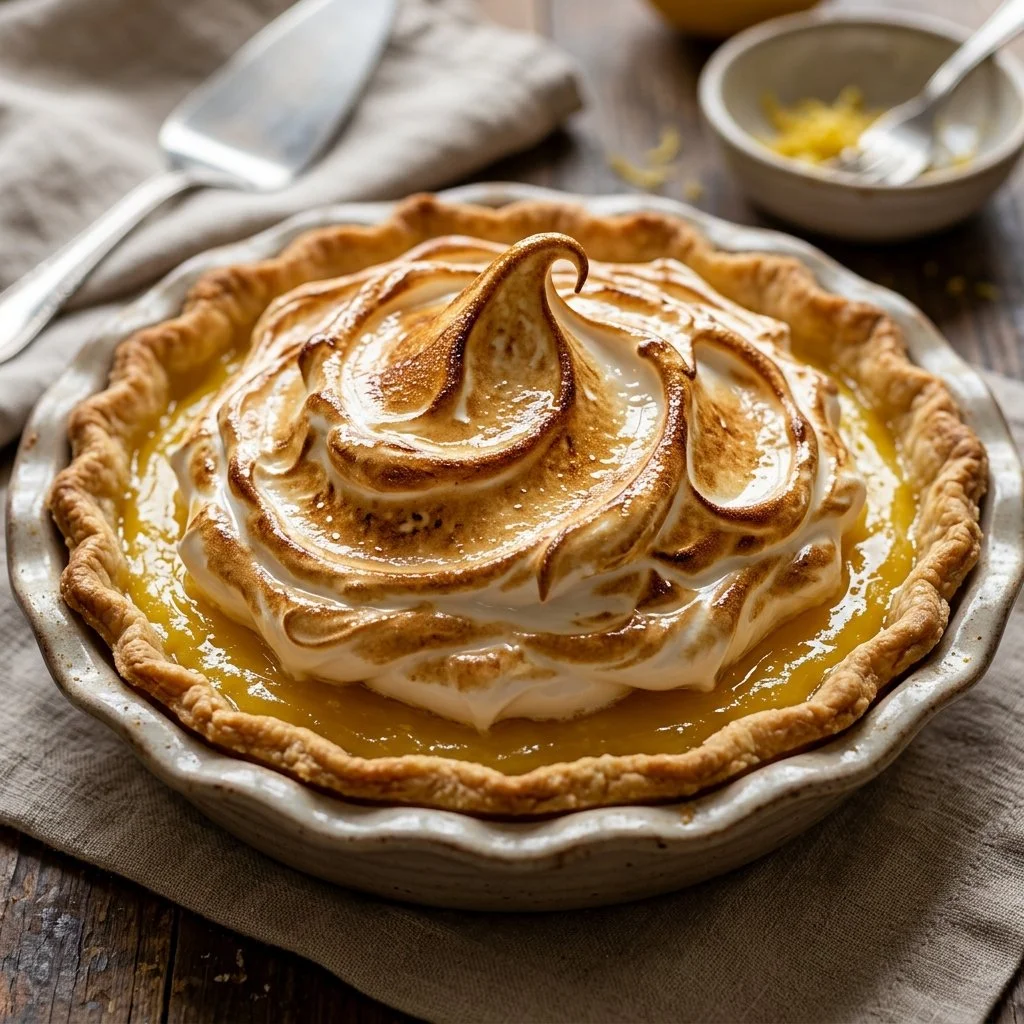 A delicious slice of homemade lemon meringue pie with golden meringue topping.