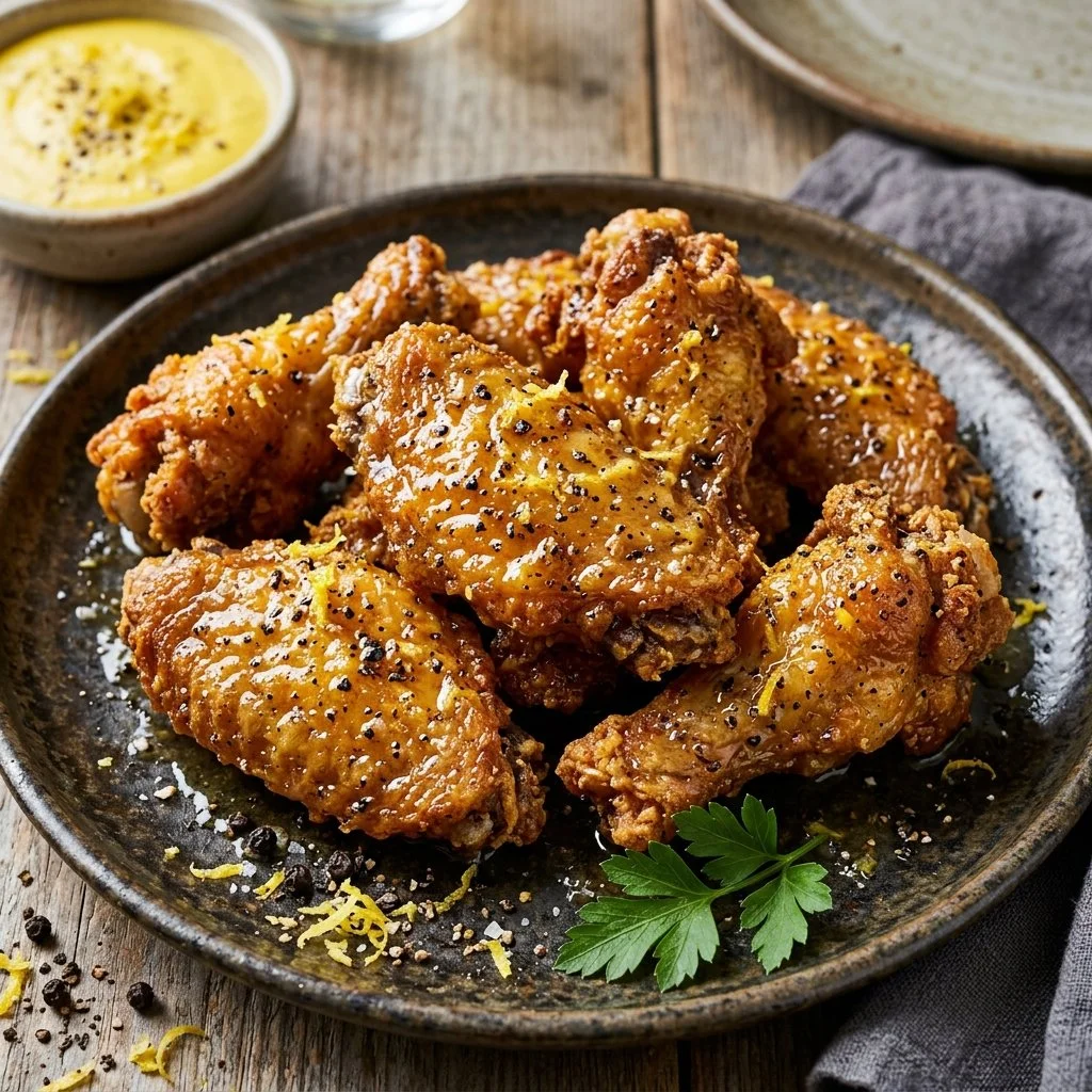 Golden crispy Lemon Pepper Wings served on a plate with garnish.