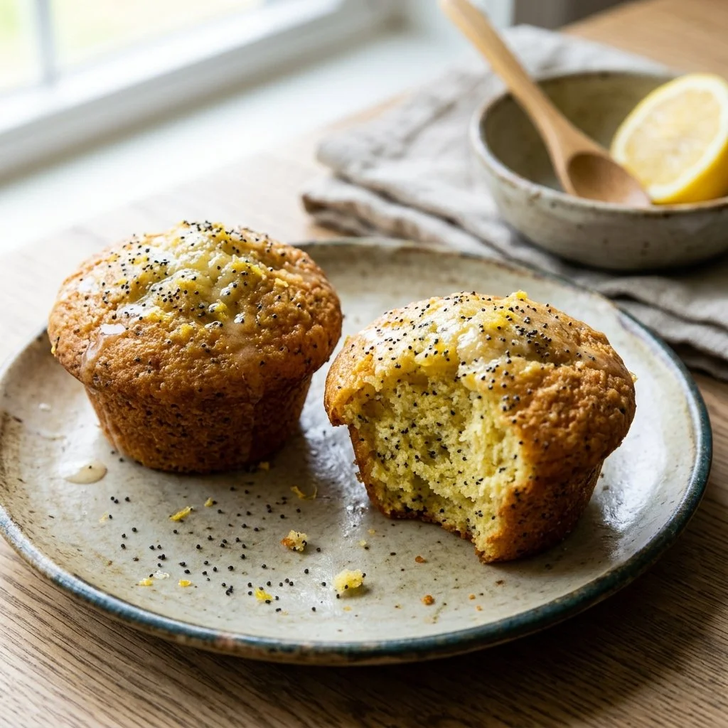 Freshly baked lemon poppy seed muffins on a cooling rack