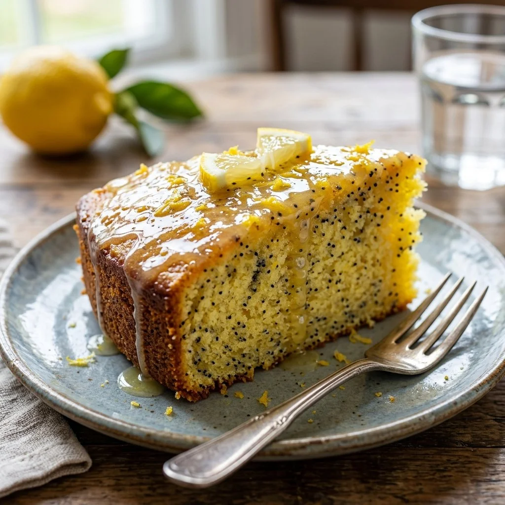Sliced Lemon Poppyseed Cake topped with lemon glaze and poppy seeds