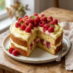 Lemon Raspberry Cake topped with fresh raspberries and lemon zest