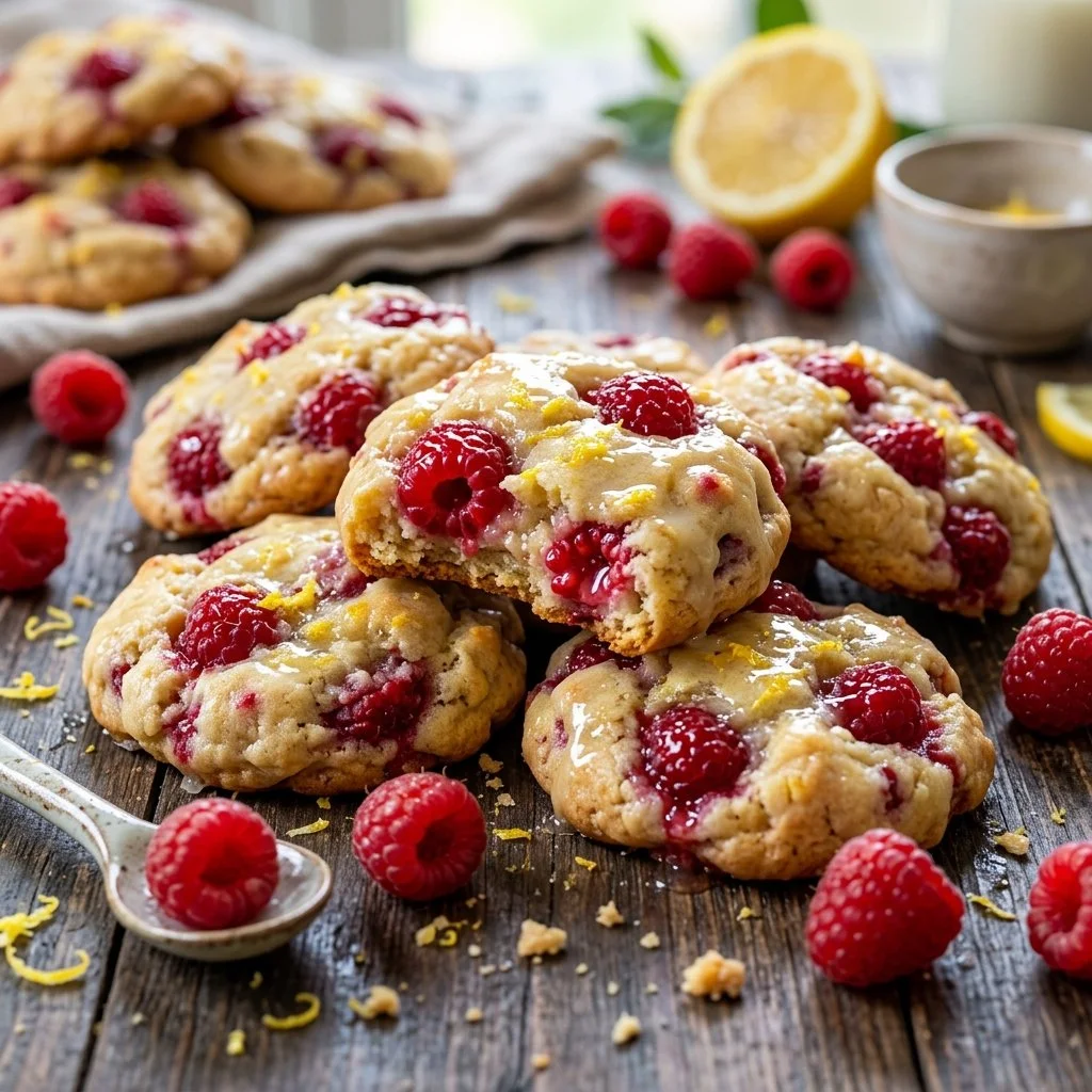 Homemade Lemon Raspberry Cookies on a plate with lemon slices and raspberries
