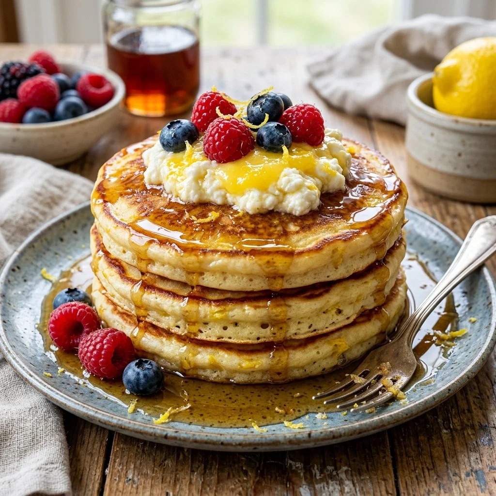 Fluffy Lemon Ricotta Pancakes served with fresh berries and syrup