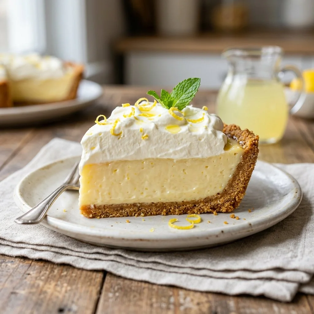 A slice of refreshing Lemonade Icebox Pie on a plate, garnished with lemon slices.