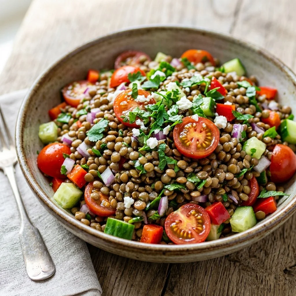 Colorful Lentil Salad with fresh vegetables and herbs in a bowl