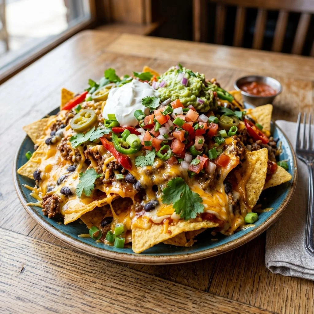 Plate of loaded nachos topped with cheese, jalapeños, and fresh ingredients