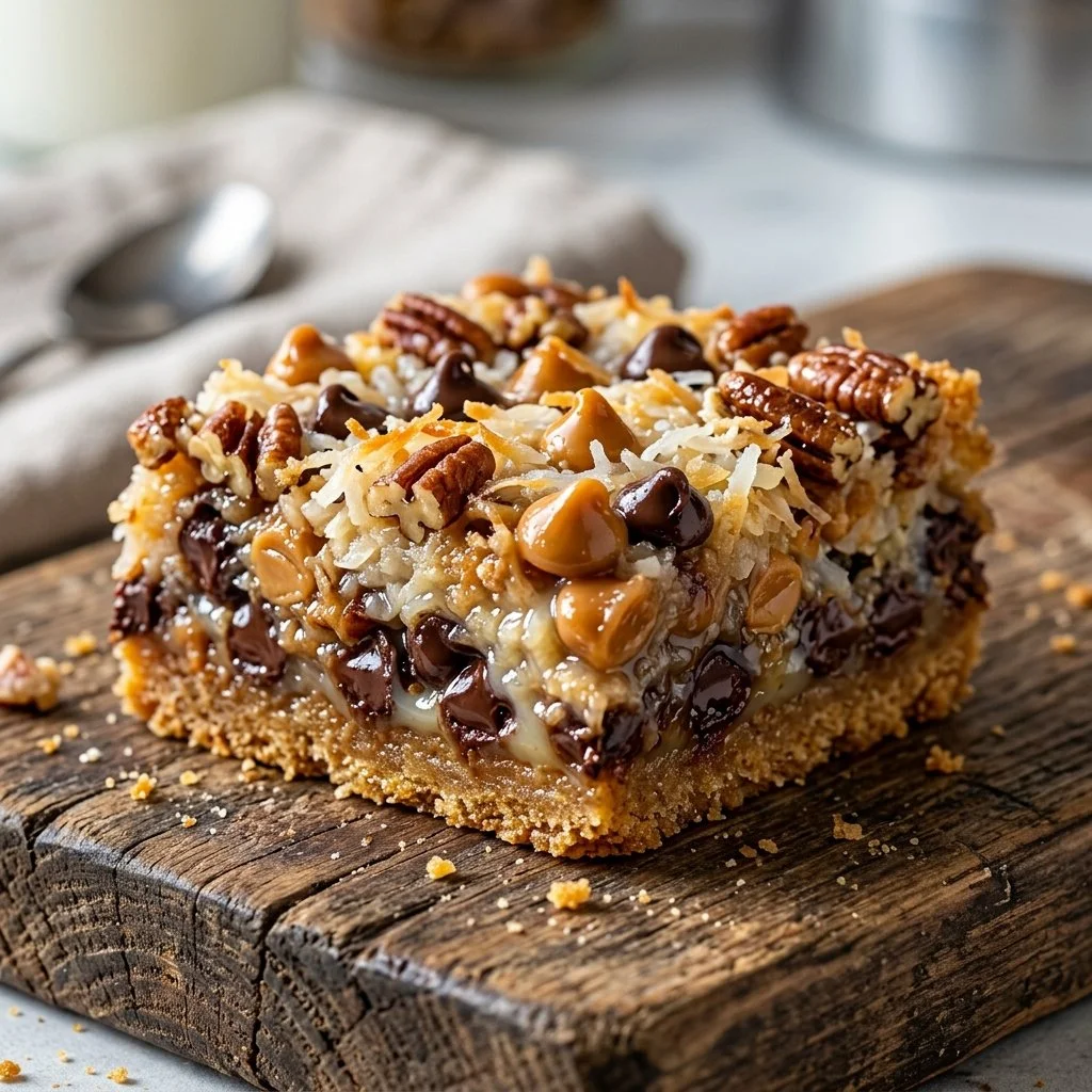 Delicious Magic Cookie Bars topped with chocolate, coconut, and nuts.