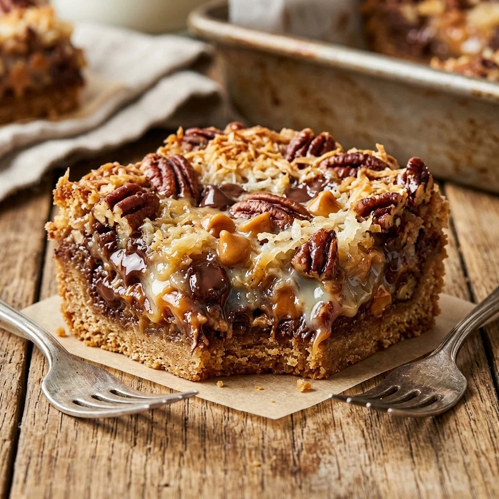 Deliciously layered Magic Cookie Bars with chocolate, coconut, and nuts