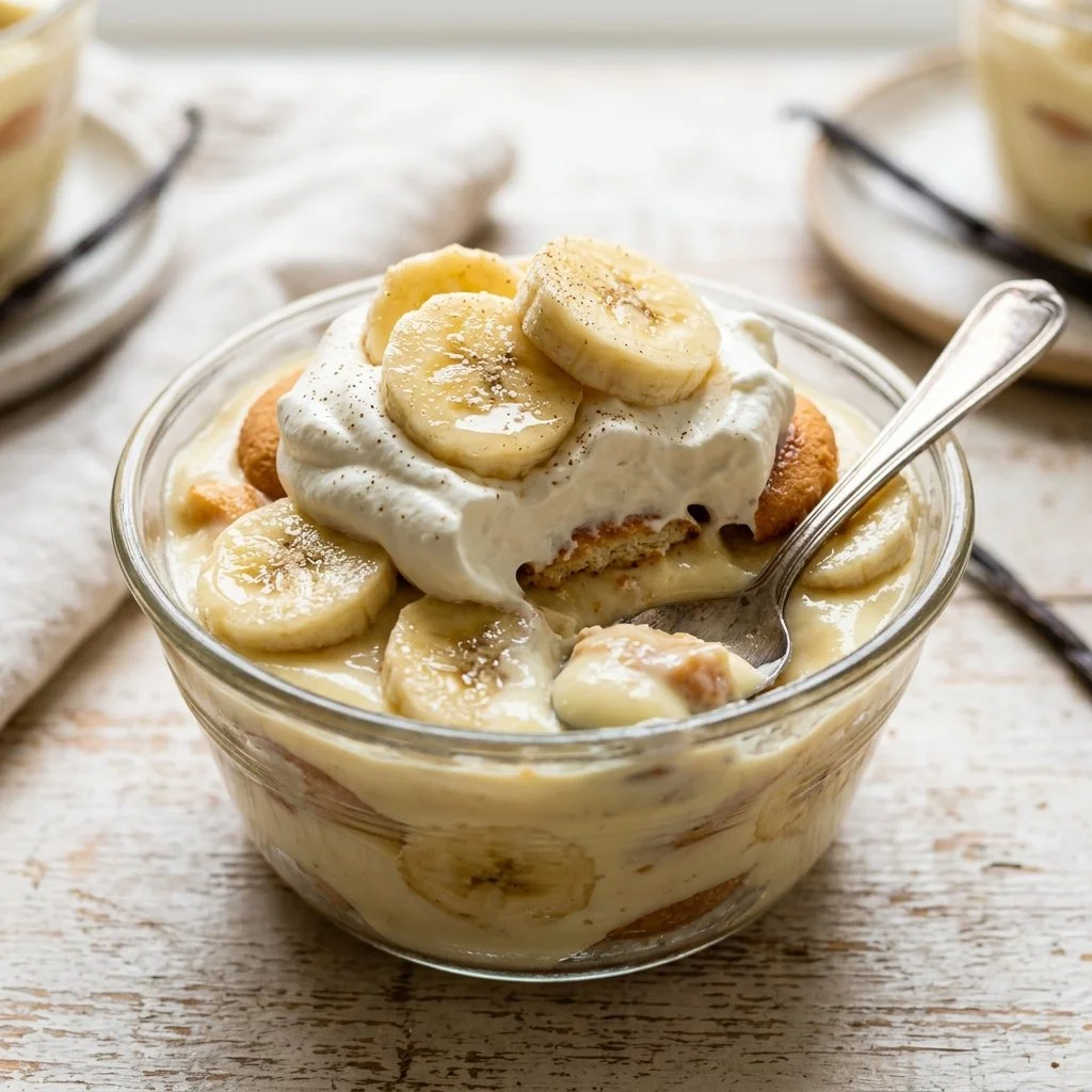 Delicious Magnolia banana pudding served in a glass bowl with fresh bananas