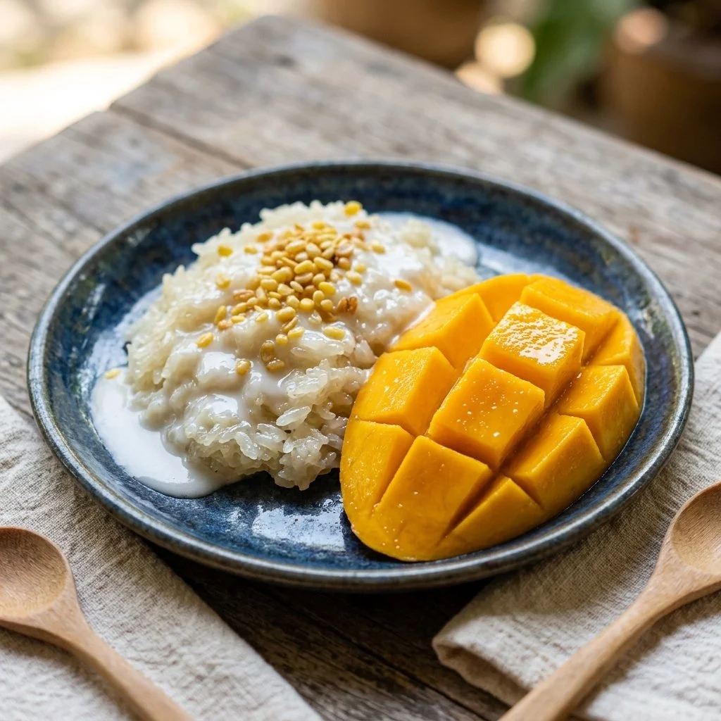 Delicious serving of Mango Sticky Rice with coconut milk and ripe mango slices