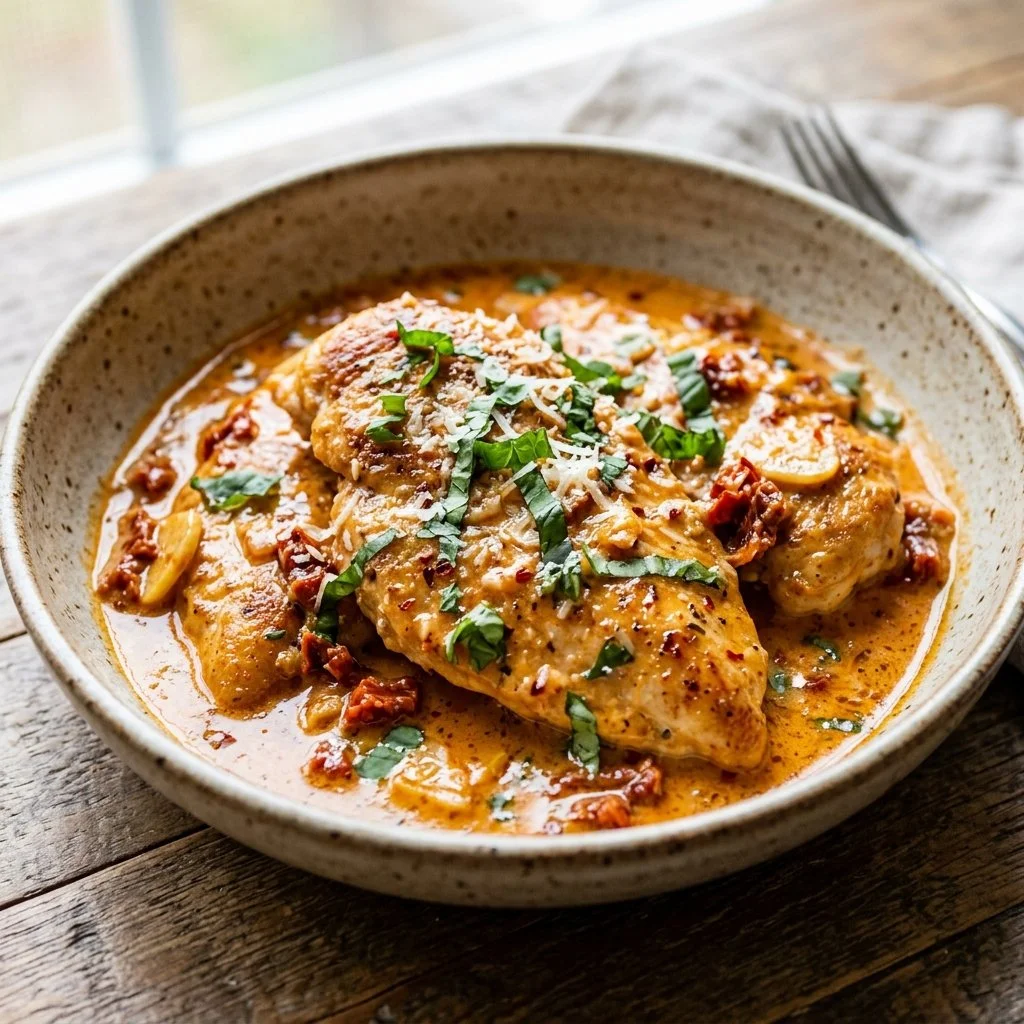 Delicious Marry Me Chicken served with creamy sauce and herbs