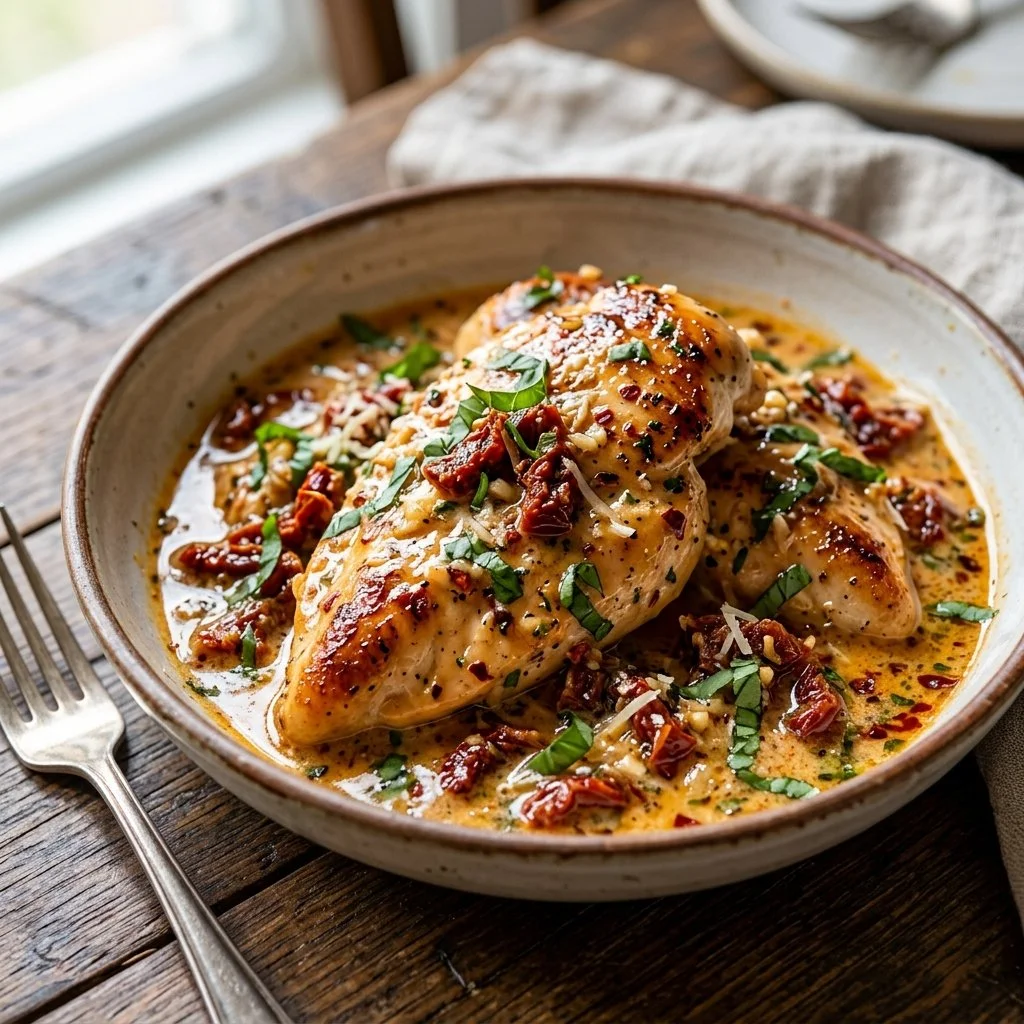 Delicious Marry Me Chicken served with herbs and creamy sauce