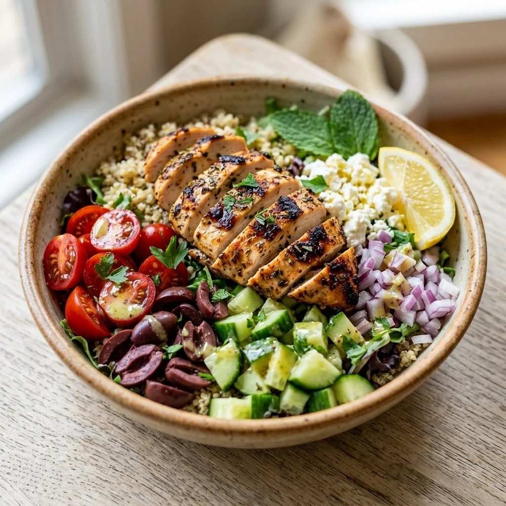 Mediterranean Chicken Bowls with fresh veggies and spices