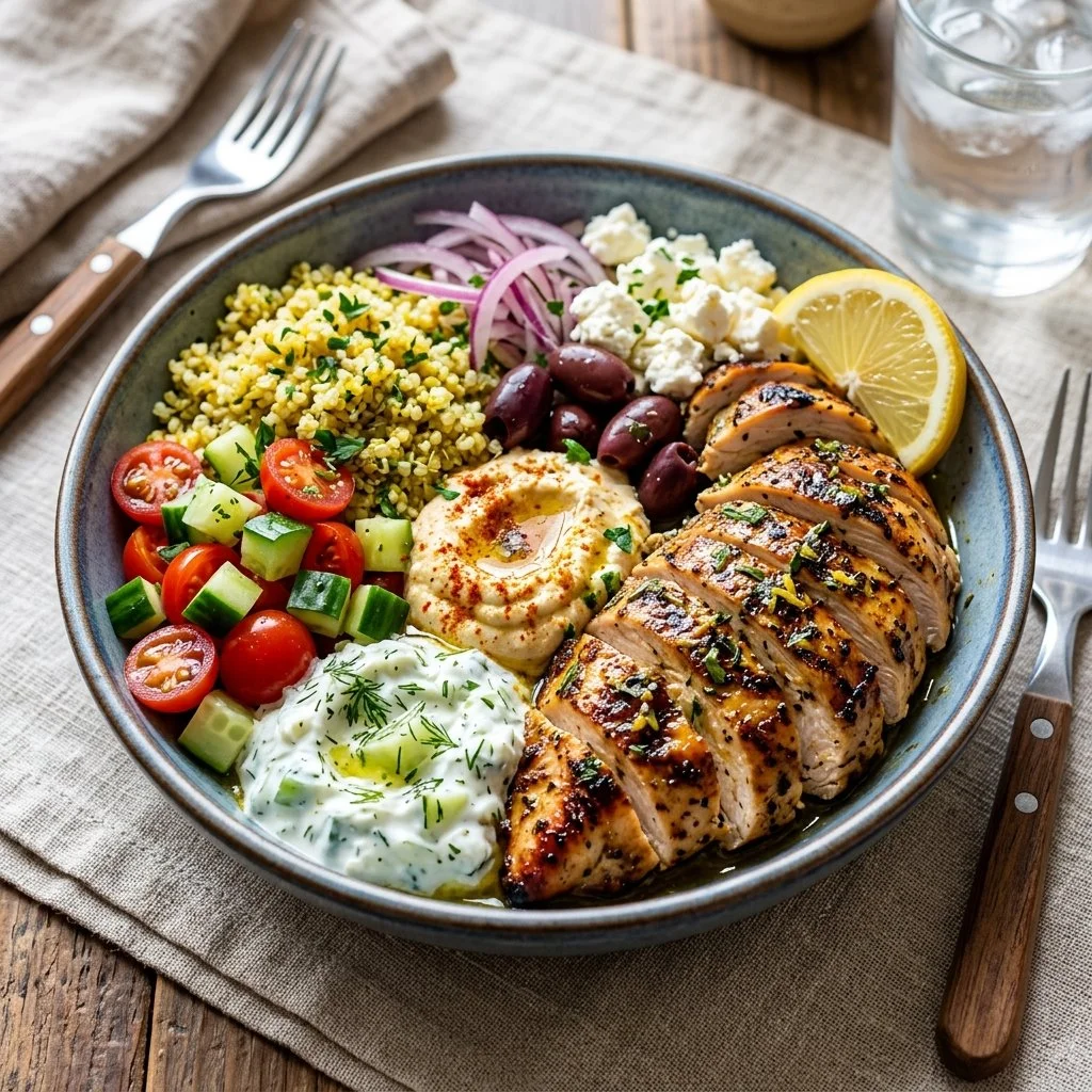Mediterranean Chicken Bowls with fresh vegetables and flavorful spices