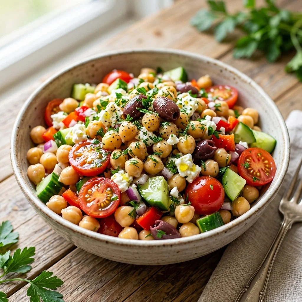 Colorful Mediterranean chickpea salad with fresh vegetables and herbs