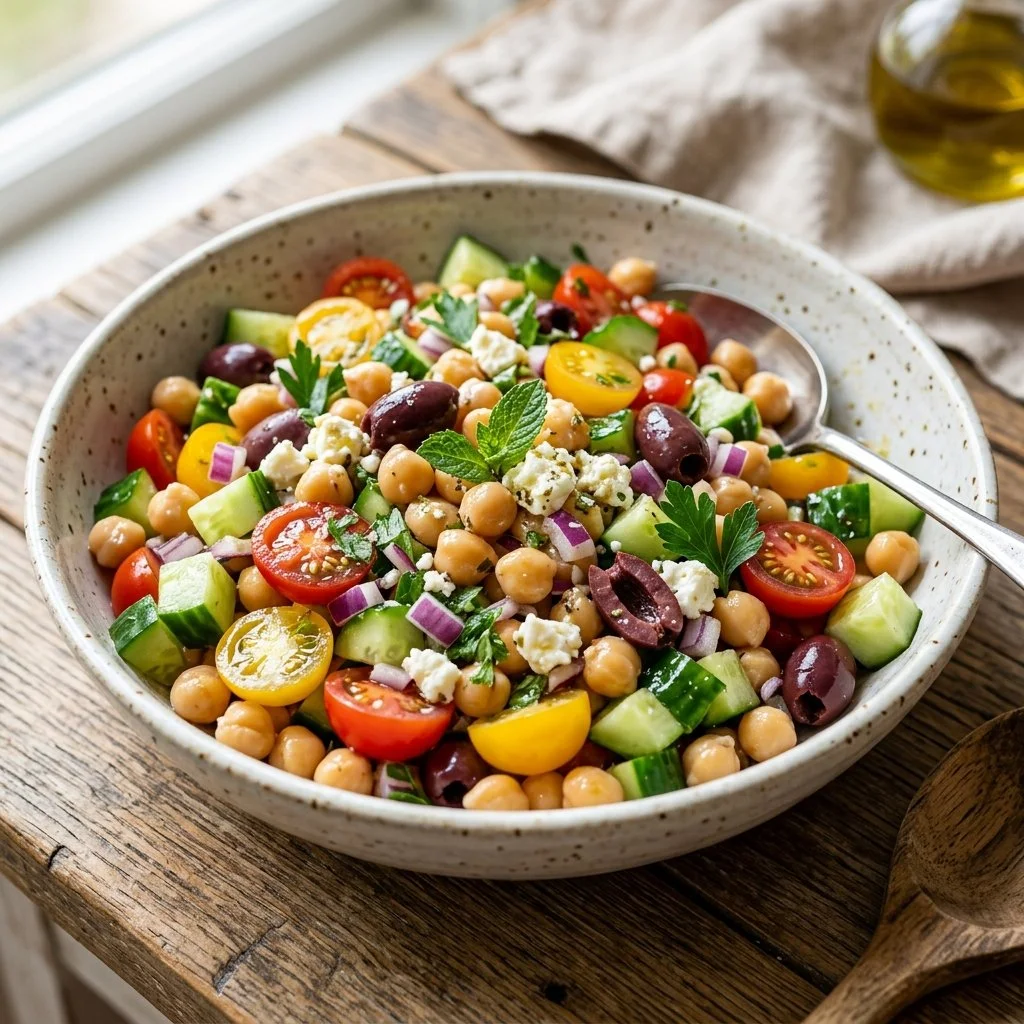Mediterranean Chickpea Salad with fresh vegetables and herbs