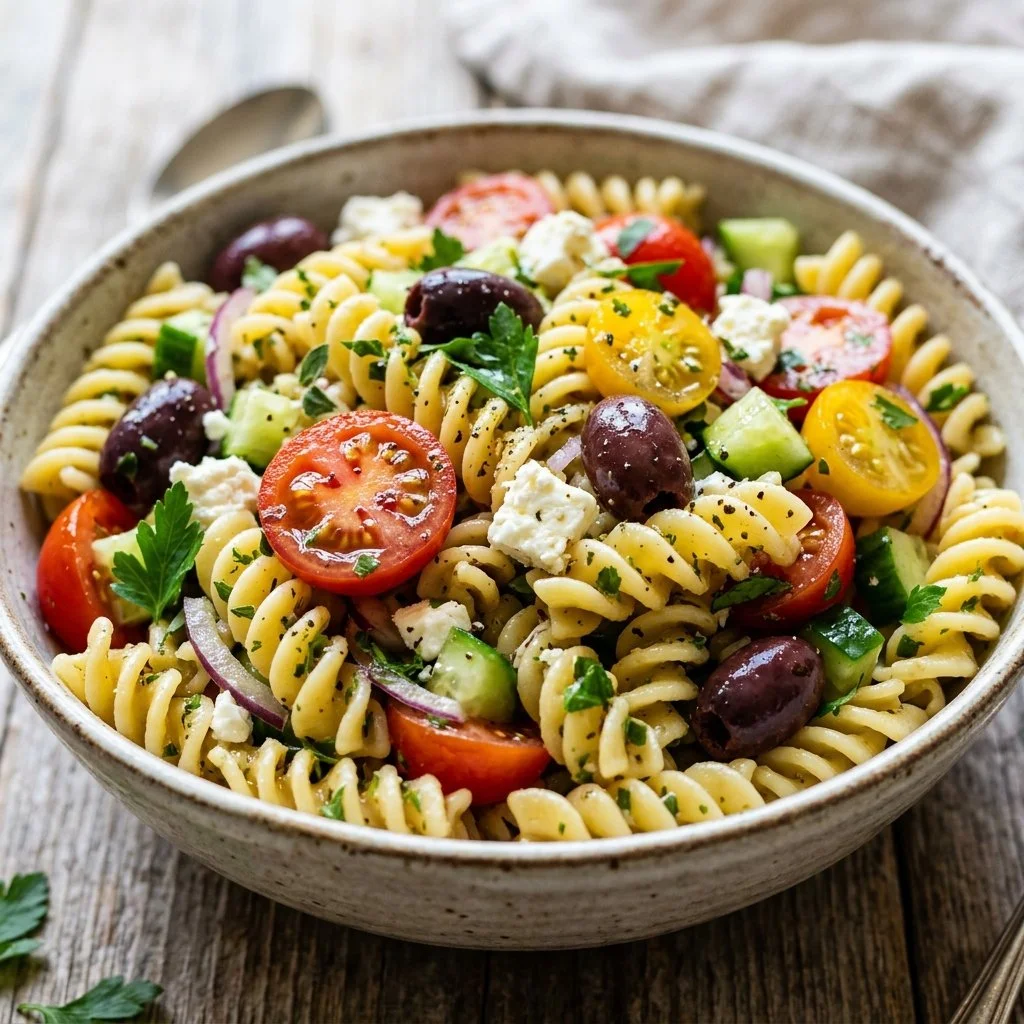 A colorful Mediterranean Pasta Salad with veggies, feta cheese, and olives.