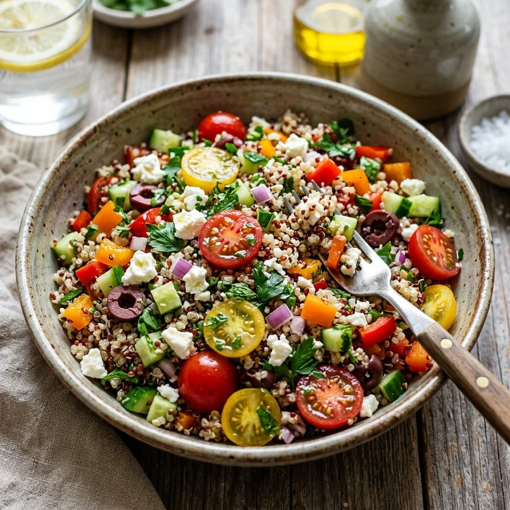 Colorful Mediterranean Quinoa Salad with fresh veggies and herbs in a bowl.