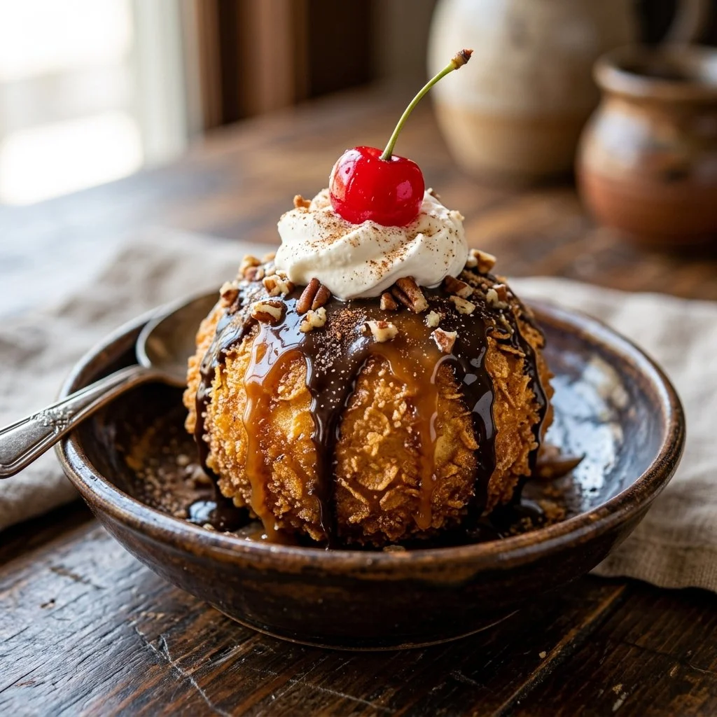 Delicious Mexican fried ice cream served in a bowl with toppings