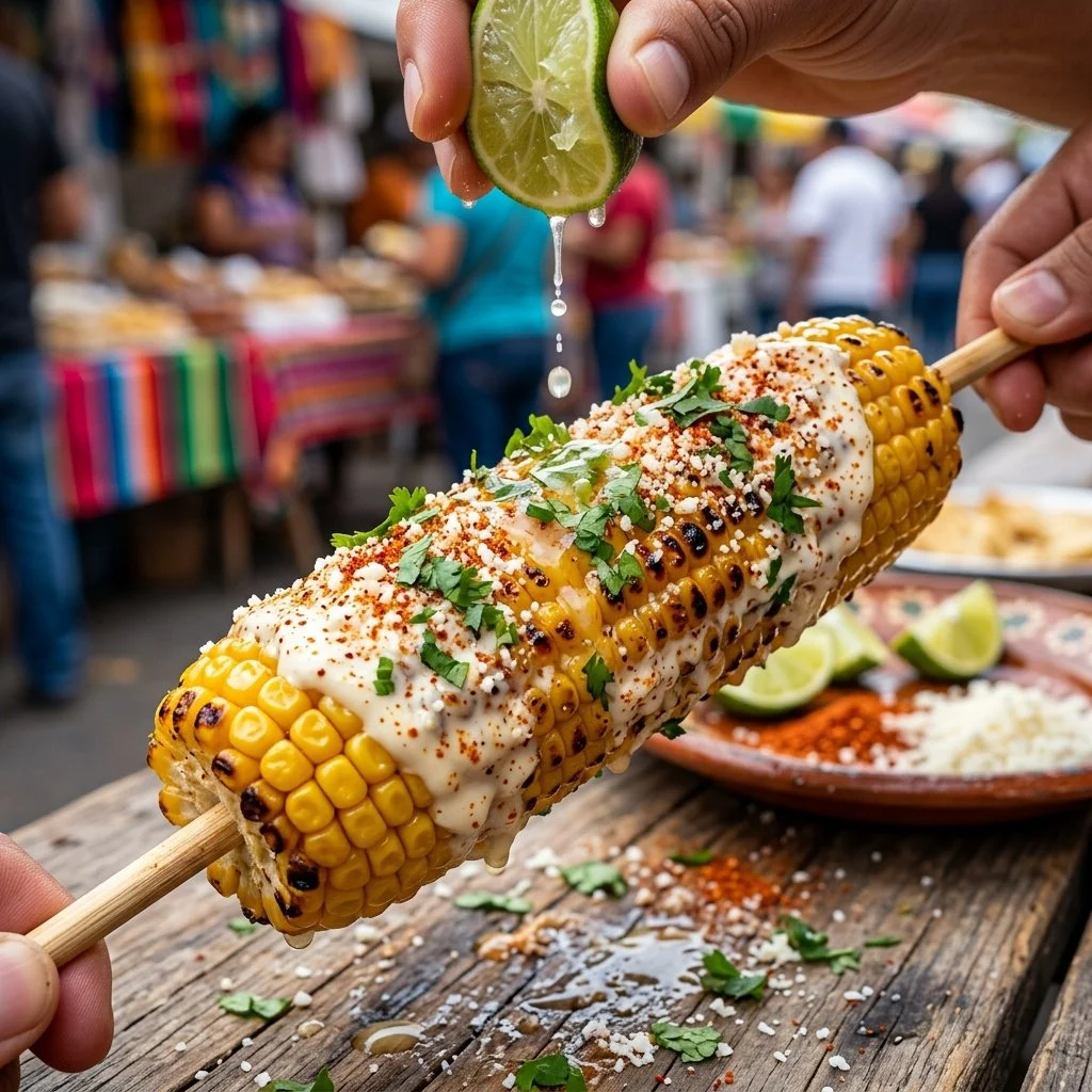 Delicious Mexican Street Corn topped with cheese, lime, and spices.