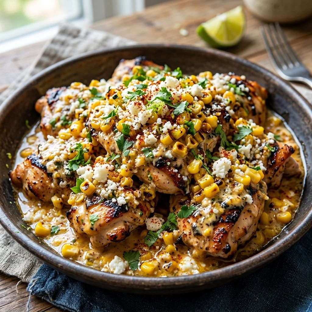 Delicious Mexican street corn chicken dish served with cilantro and lime garnishes
