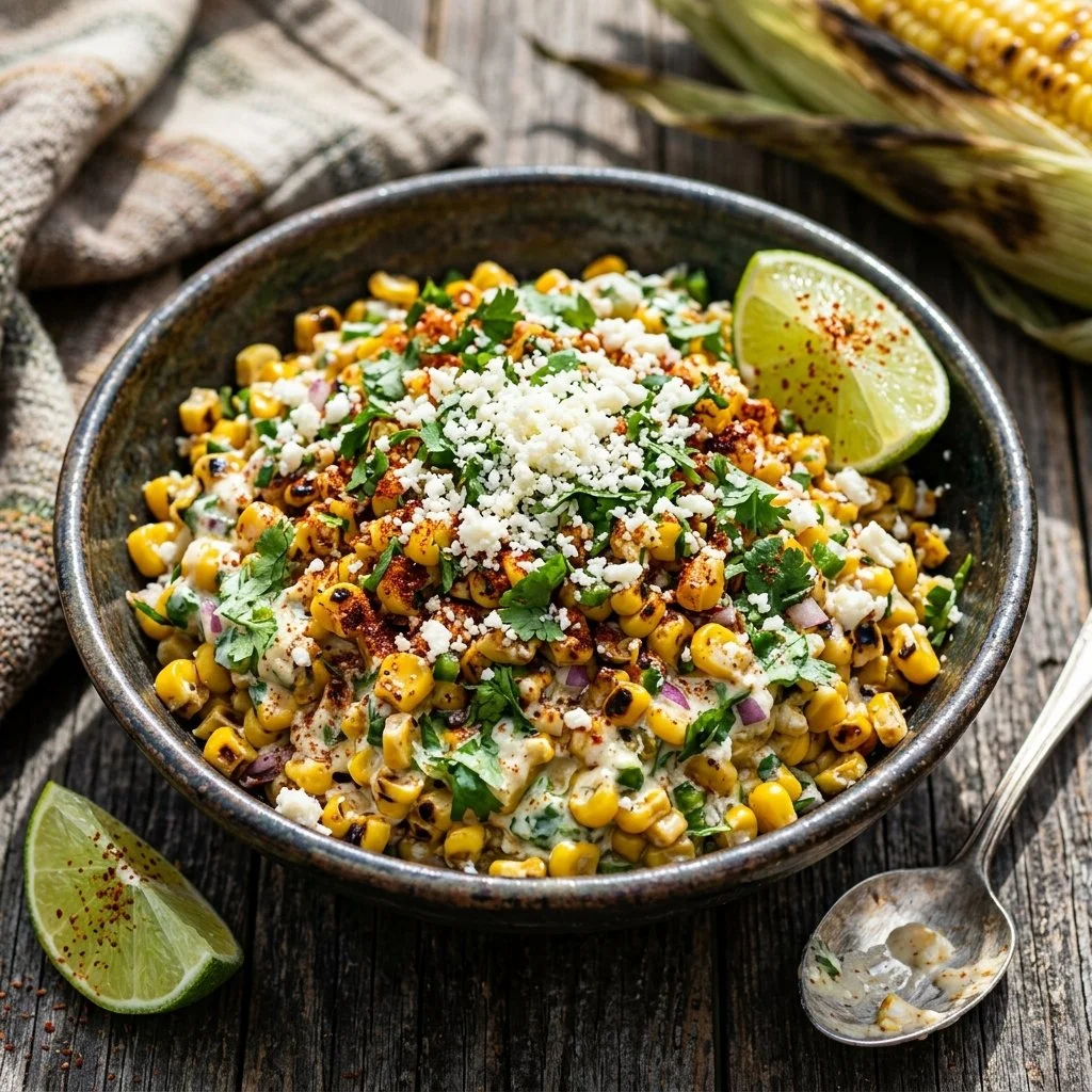 Delicious Mexican street corn salad served in a bowl with fresh ingredients