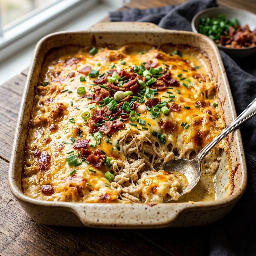 Delicious Million Dollar Chicken Bake topped with cheese and herbs, ready to serve.