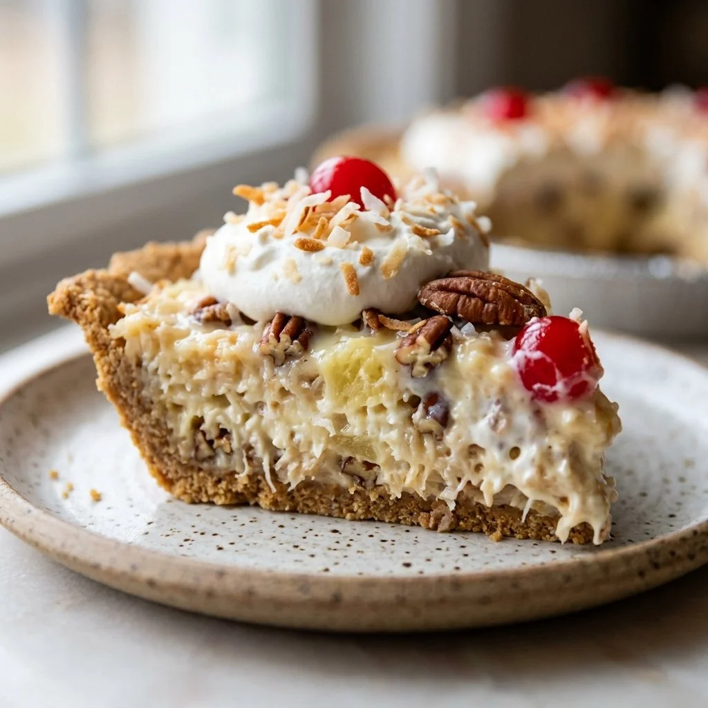 Delicious Million Dollar Pie topped with whipped cream and pecans
