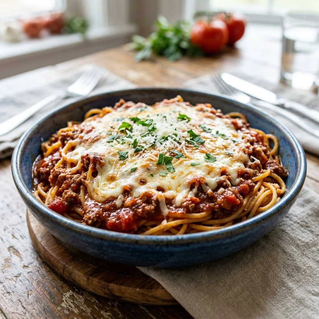 A plate of Million Dollar Spaghetti served with herbs and cheese.