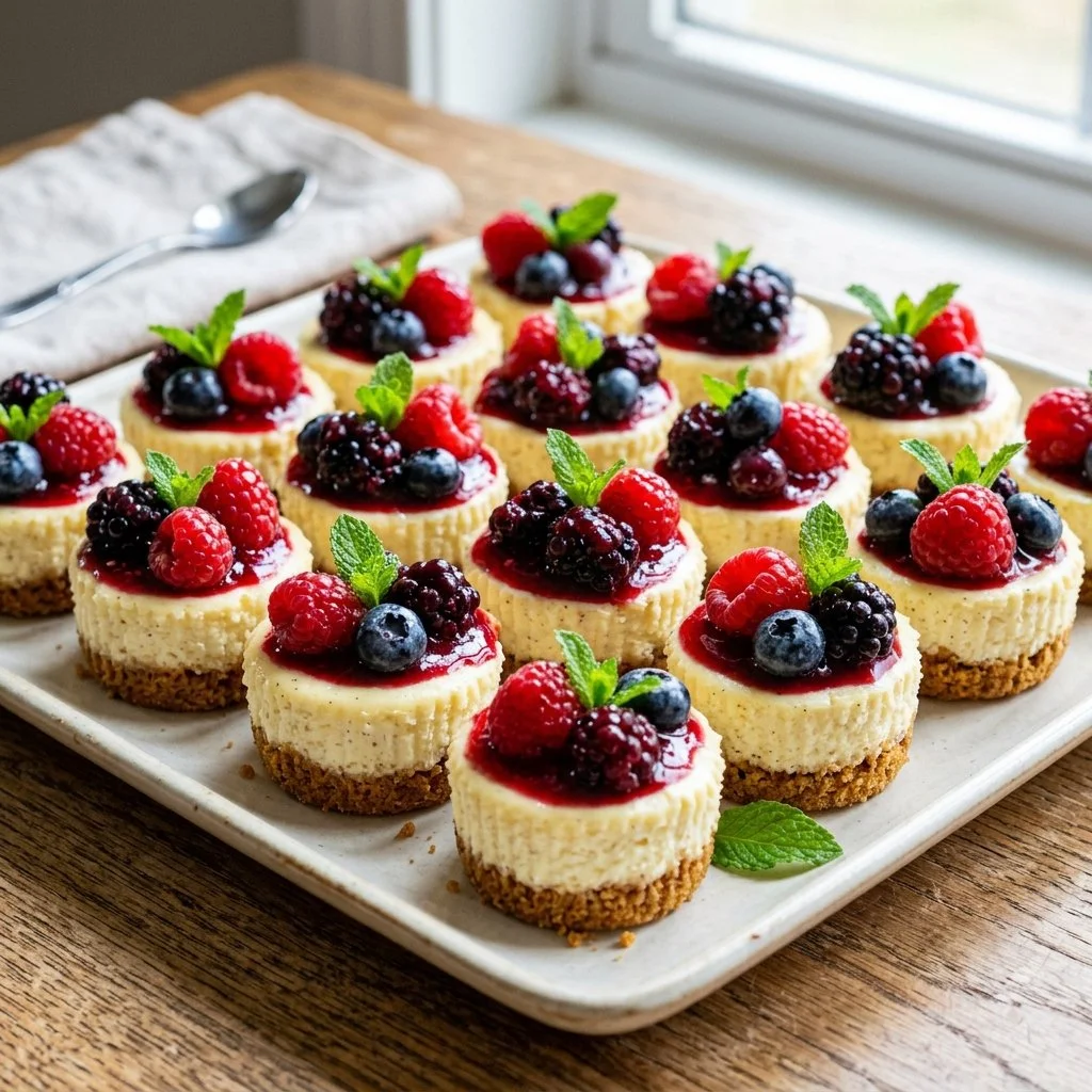 Delicious mini cheesecake bites topped with fruit and chocolate drizzle