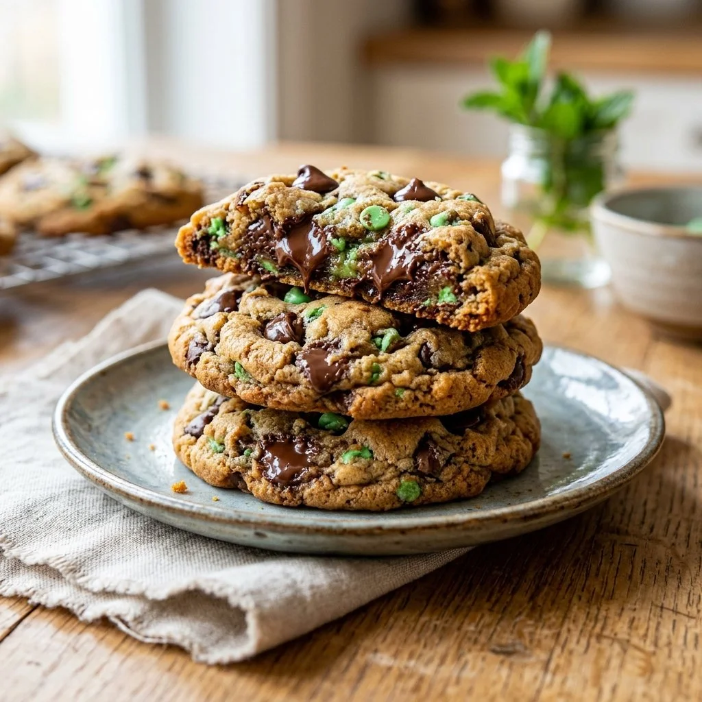 Freshly baked mint chocolate chip cookies on a cooling rack.