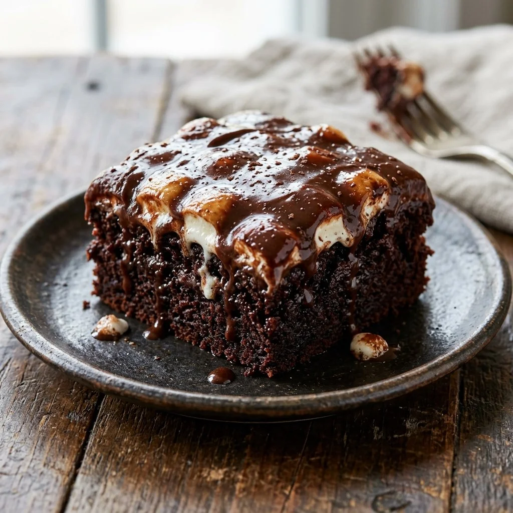 Delicious Mississippi Mud Cake topped with chocolate and nuts