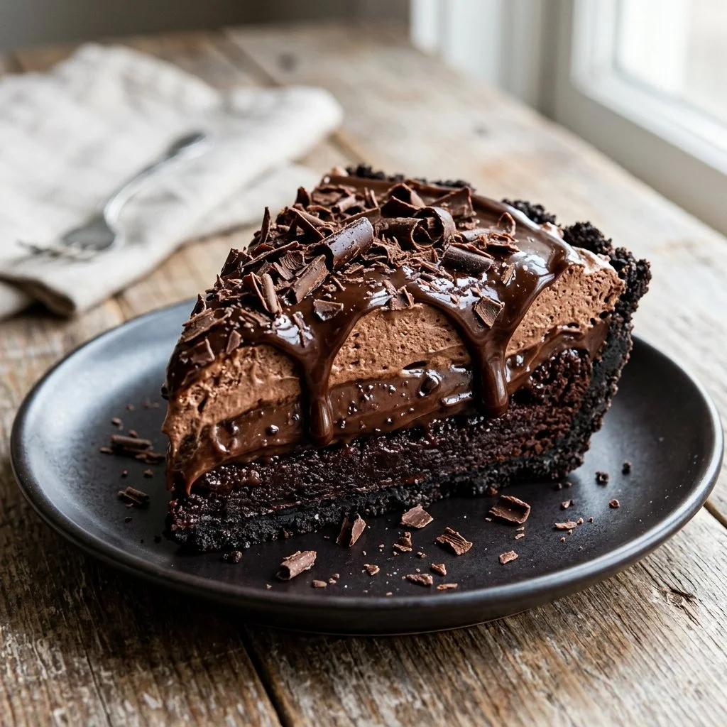 Slice of homemade Mississippi Mud Pie topped with whipped cream and chocolate drizzle