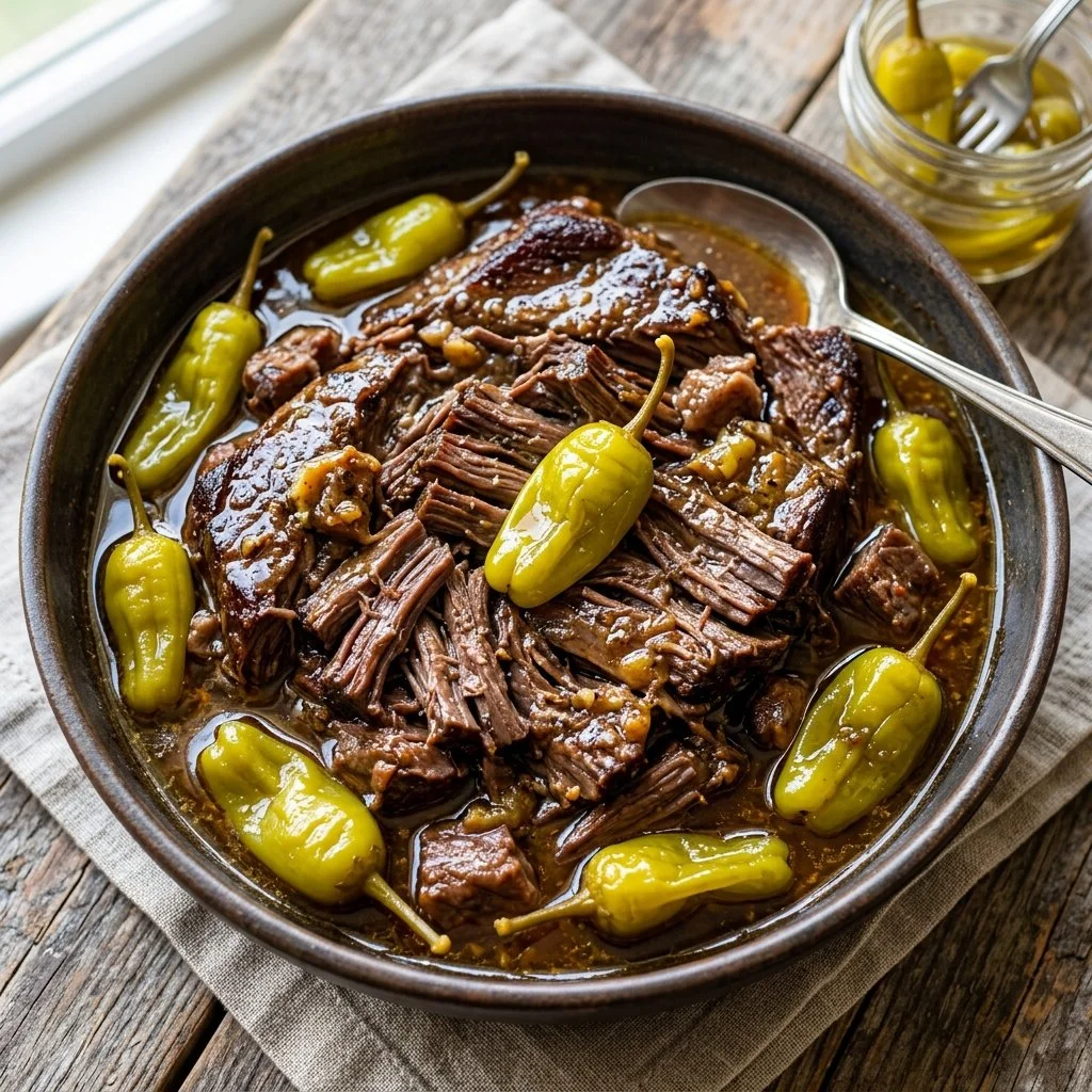 Delicious Mississippi Pot Roast served with vegetables and herbs