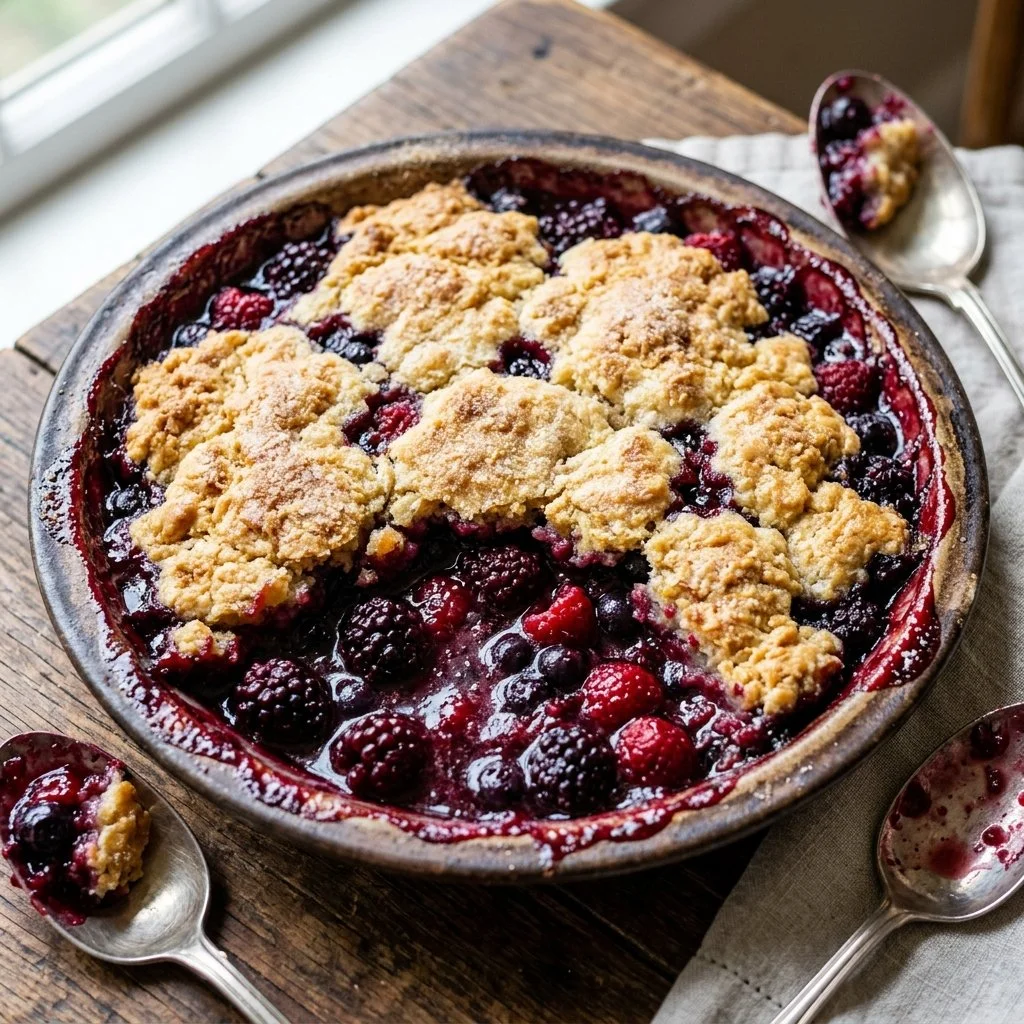 Delicious mixed berry cobbler served in a baking dish with fresh berries on top
