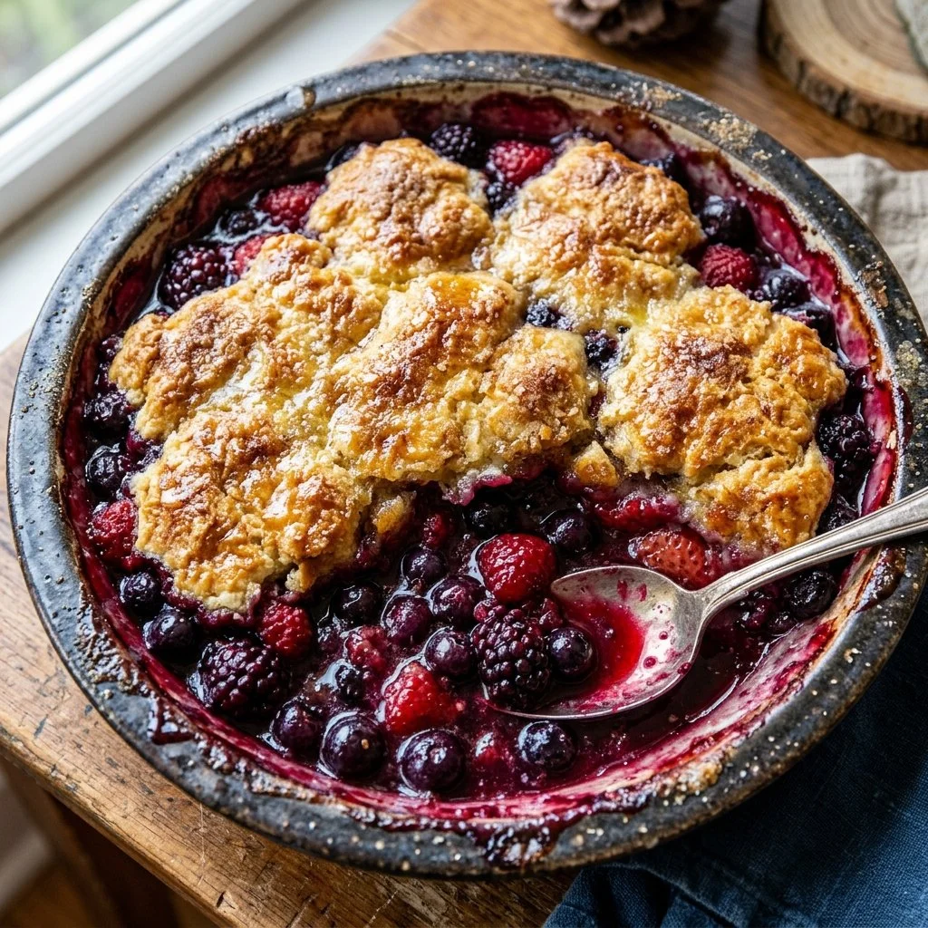 Delicious mixed berry cobbler topped with fresh berries and crisp crust.