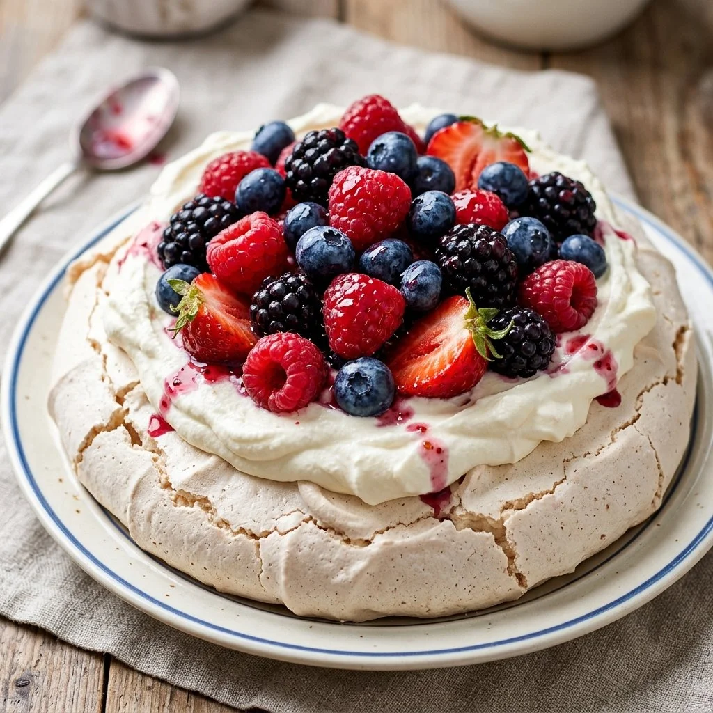 Delicious Mixed Berry Pavlova dessert topped with fresh berries and cream.