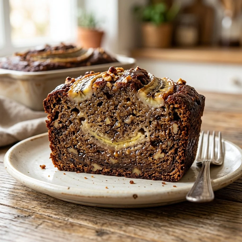 Loaf of moist banana bread with slices displayed on a wooden cutting board.
