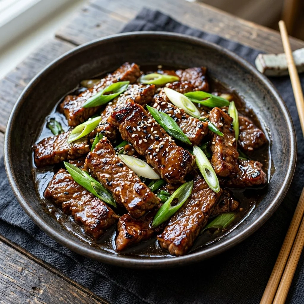 Delicious Mongolian Beef served with green onions and rice