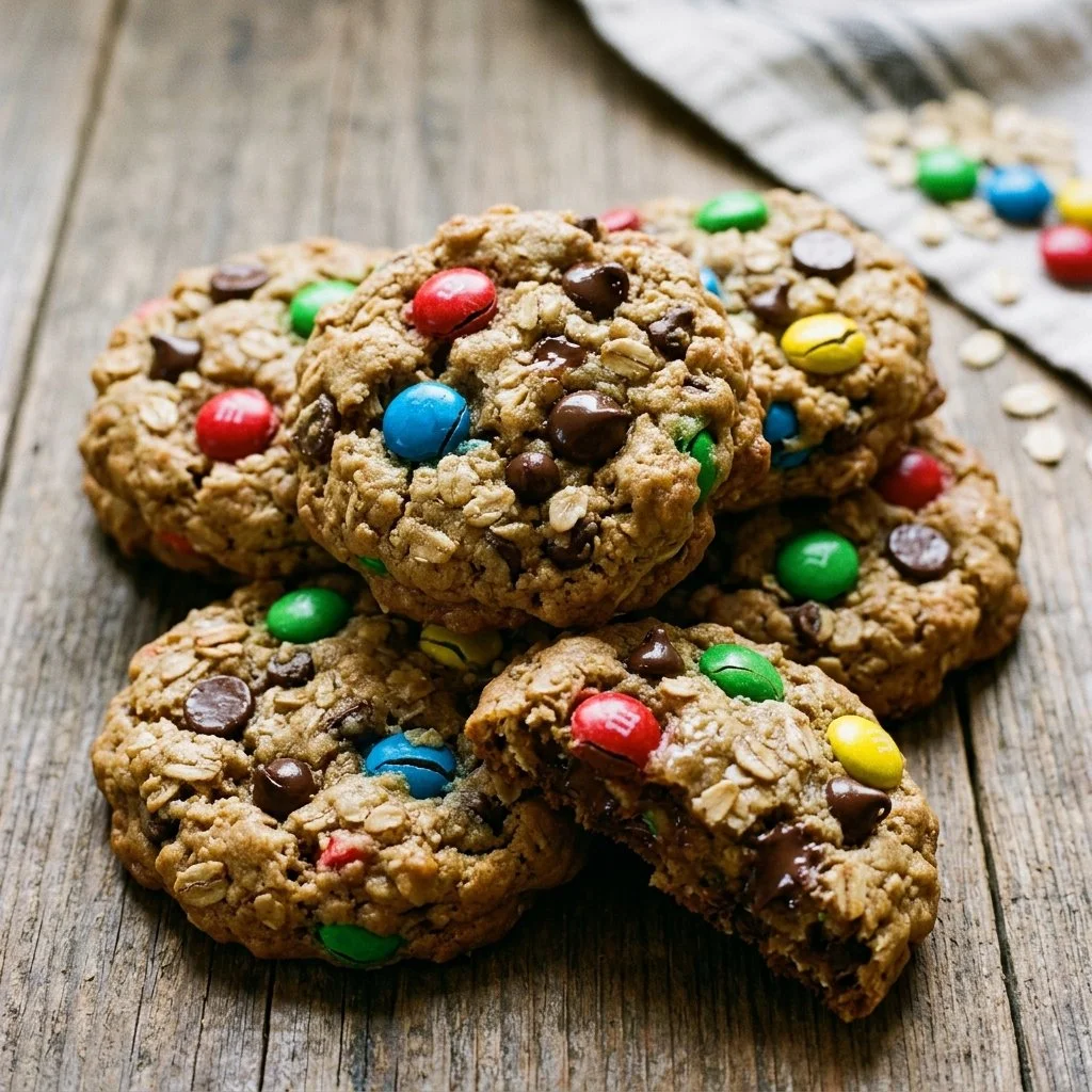Plate of homemade Monster Cookies with chocolate chips and M&Ms.