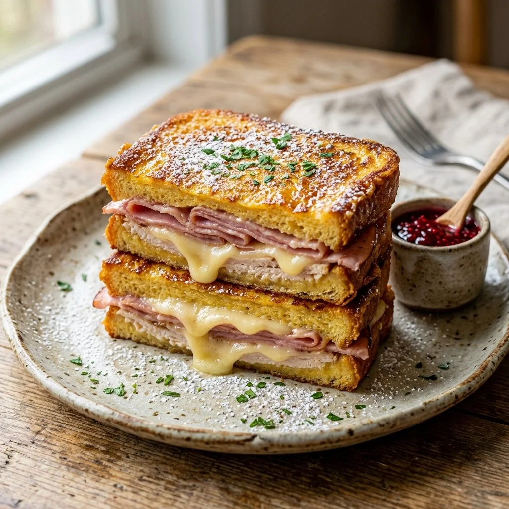 Monte Cristo sandwich with ham and cheese, served hot and crispy.