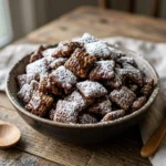 A bowl of Muddy Buddies, a delicious chocolate and peanut butter snack mix.