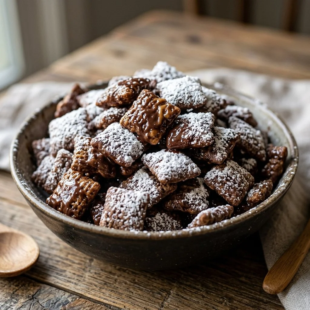 A bowl of Muddy Buddies, a delicious chocolate and peanut butter snack mix.