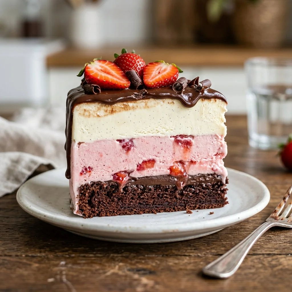 Delicious Neapolitan Ice Cream Cake with layers of chocolate, vanilla, and strawberry.