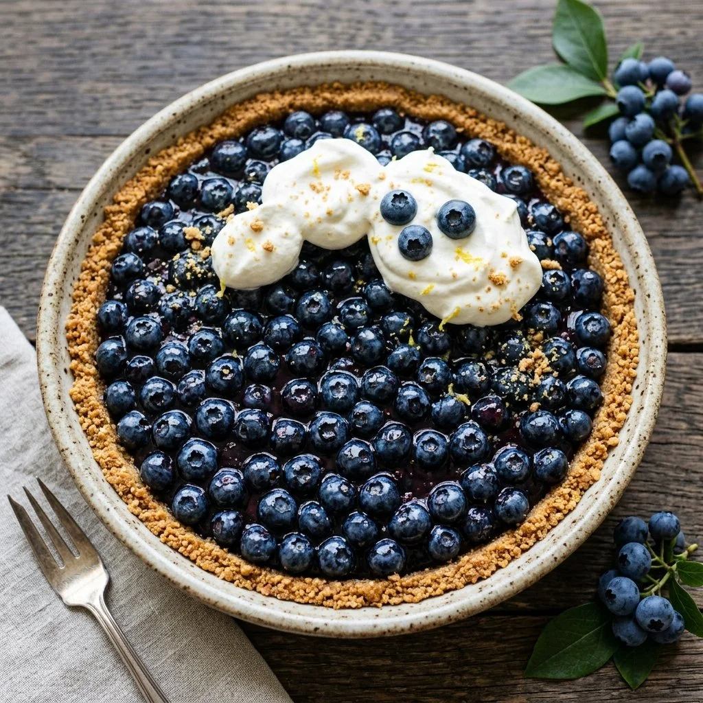 No-bake blueberry pie topped with fresh blueberries and whipped cream.