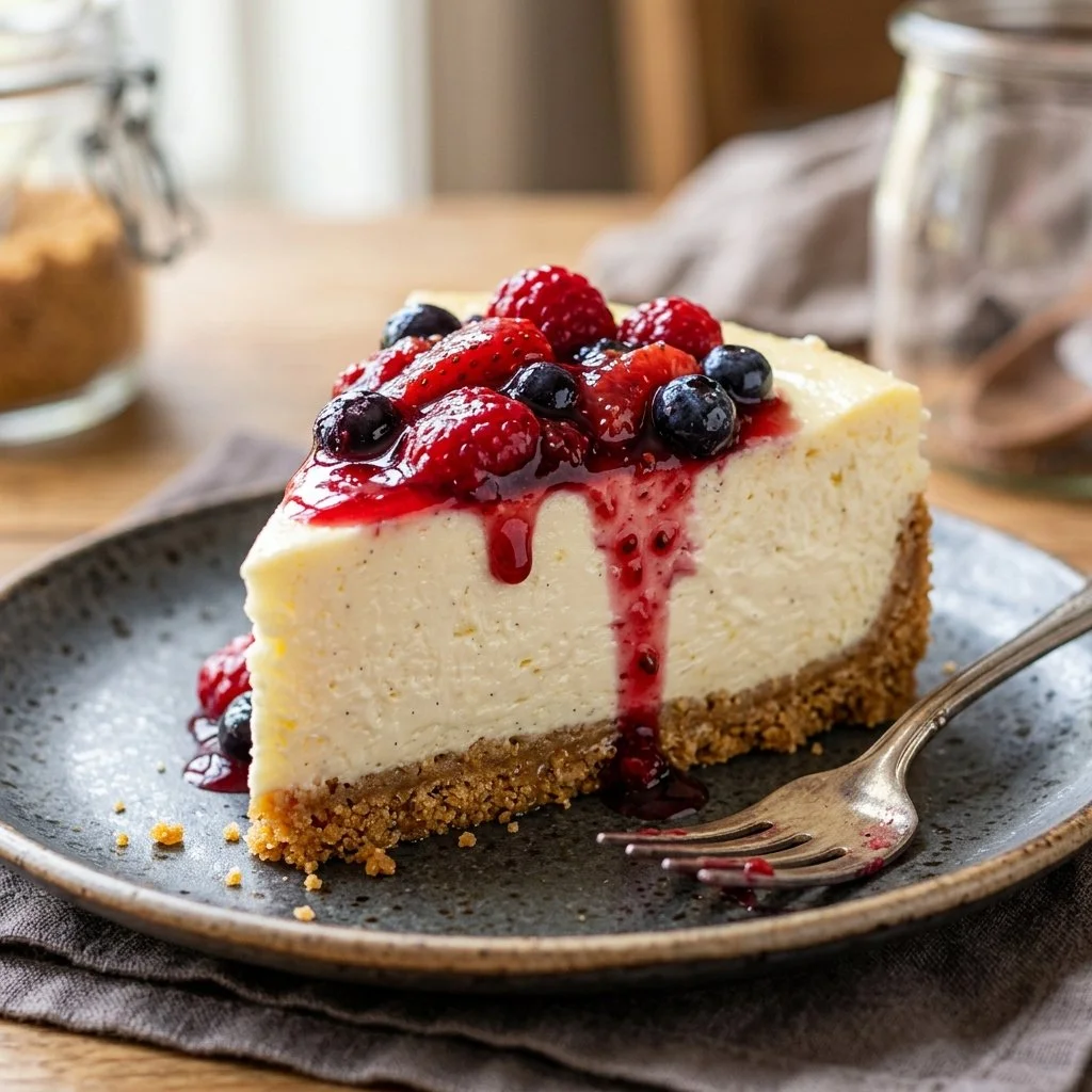 Delicious no bake cheesecake topped with fresh berries