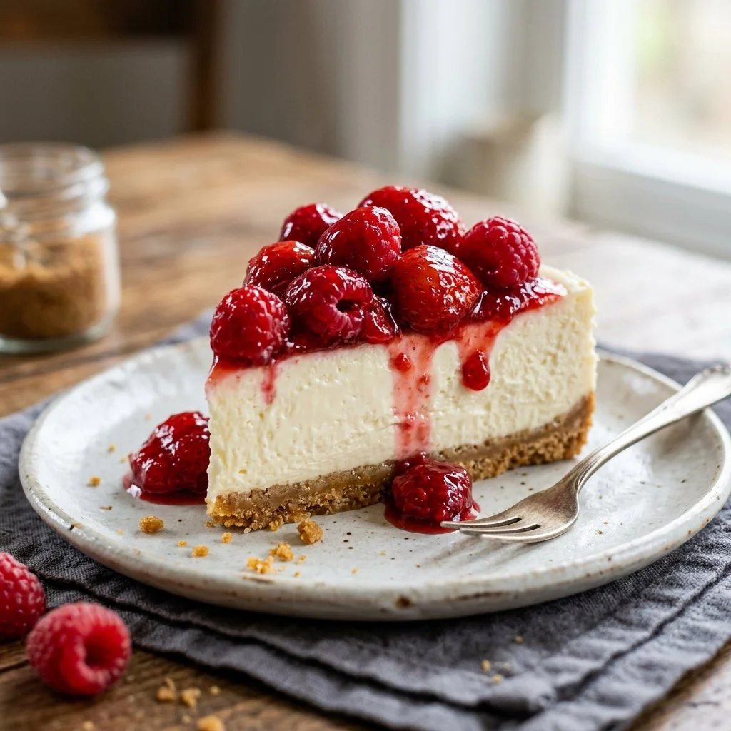 Delicious no-bake cheesecake topped with fresh berries on a white plate