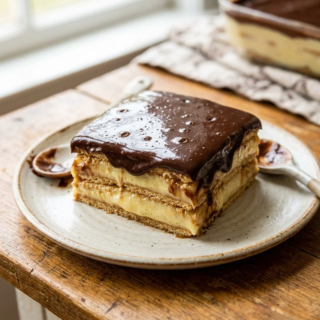 No-bake eclair cake topped with chocolate frosting and whipped cream