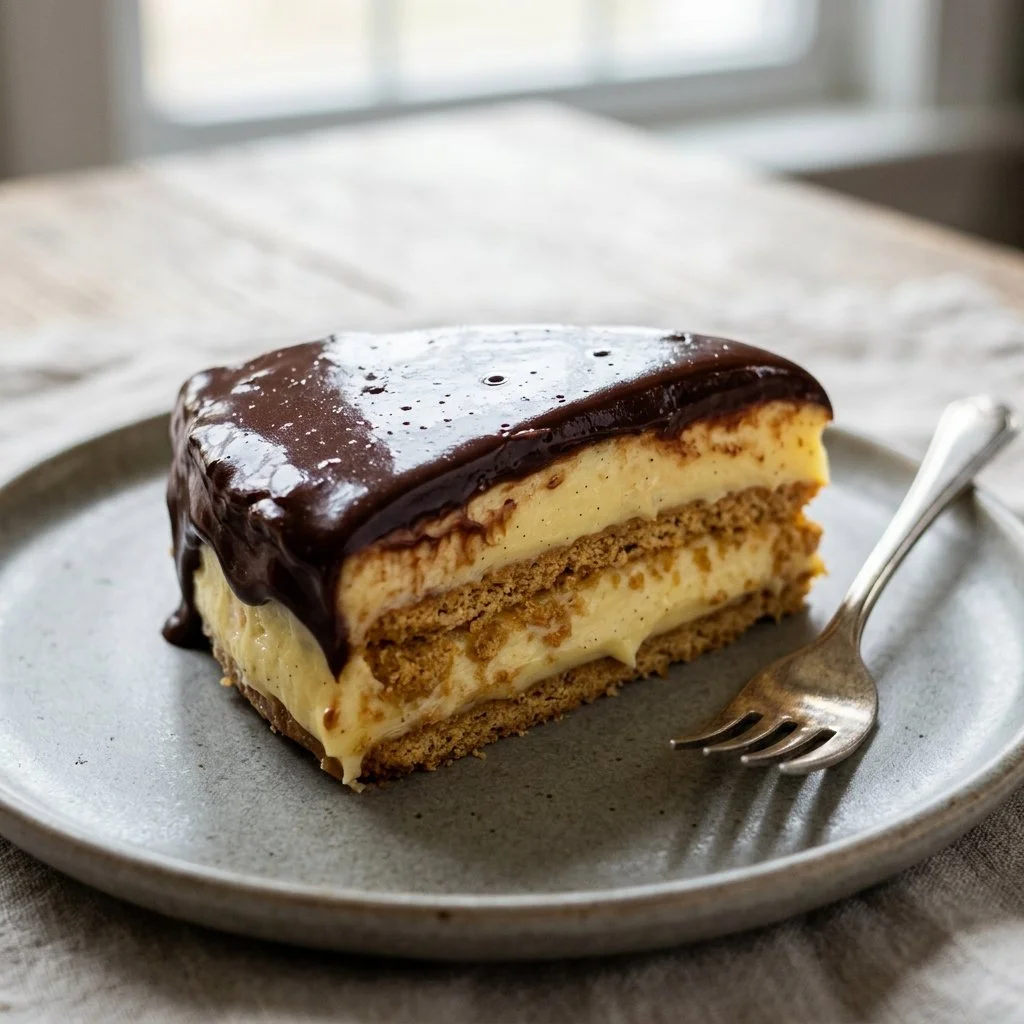 No Bake Eclair Cake with cream layers and chocolate topping