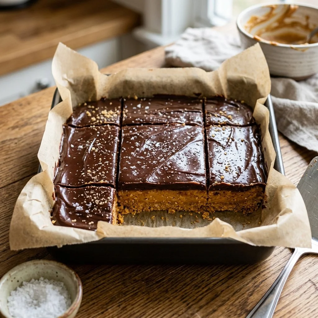 Delicious no-bake peanut butter bars cut into squares on a plate.